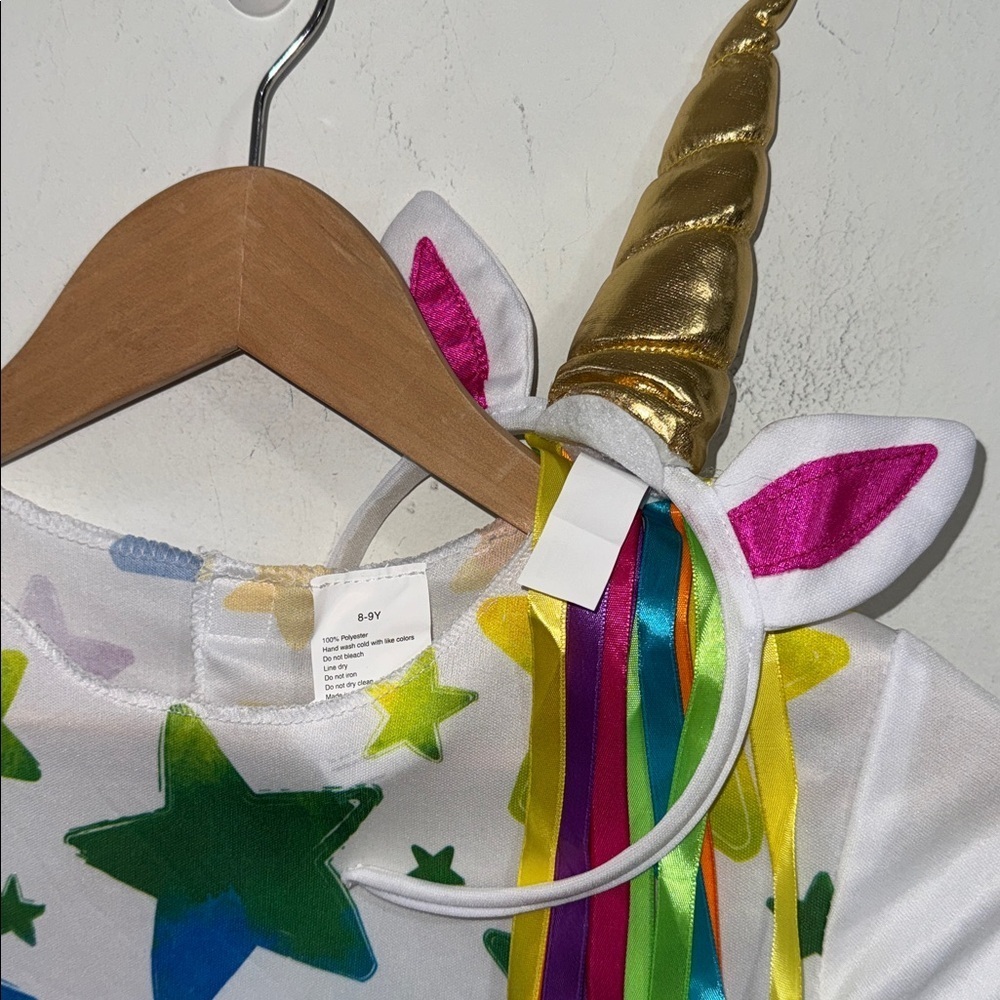 Unicorn costume NEW Colorful Star Rainbow Jumpsuit & headband 8-9 youth - Picture 2 of 3